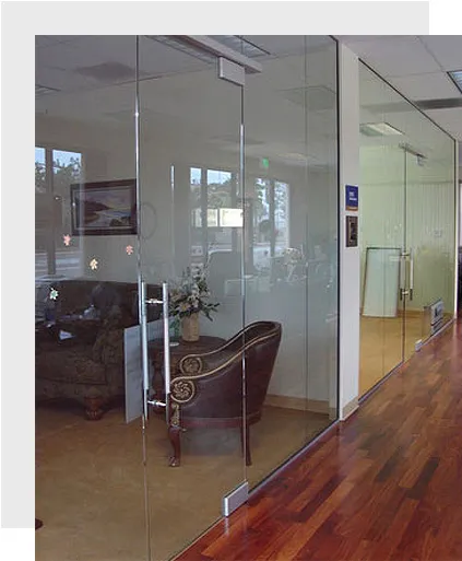 Glass office partitions and doors in a commercial interior